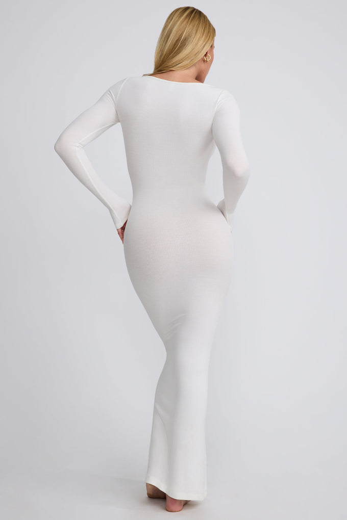 Vestido maxi modal canelado de manga comprida em branco