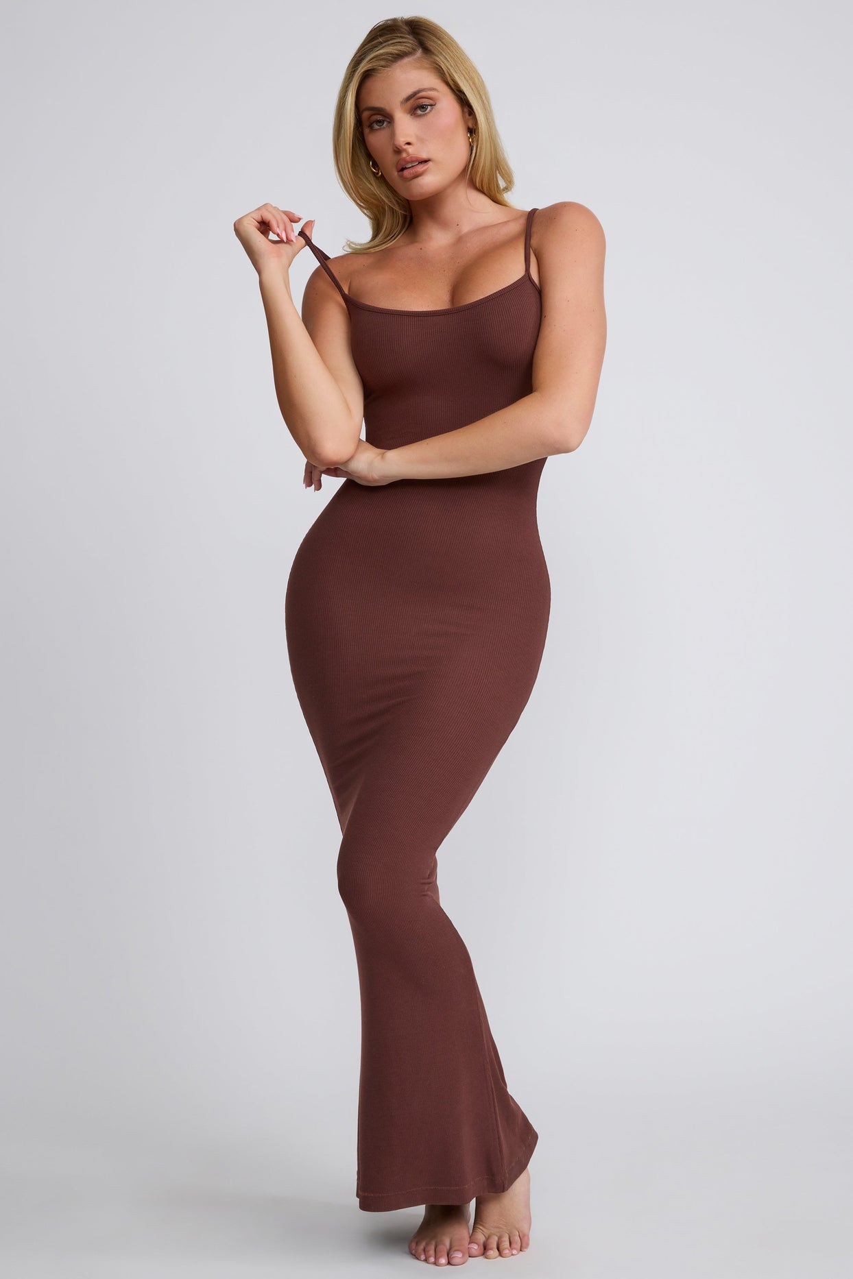 Ribbed Modal Square Neck Maxi Dress in Chocolate