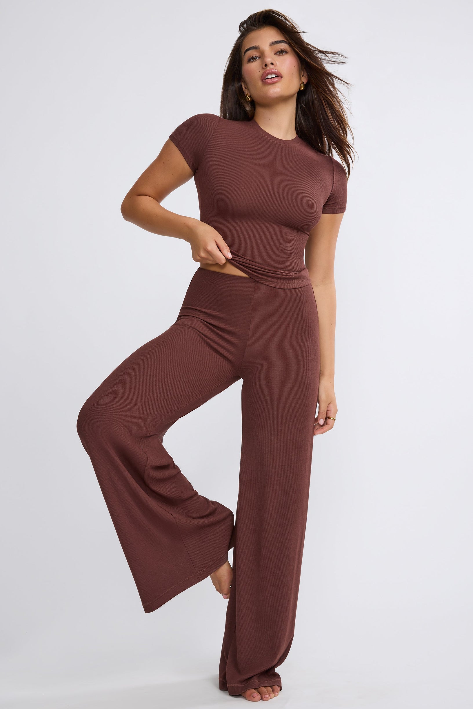 Tall Mid Rise Wide Leg Trouser in Chocolate - 1