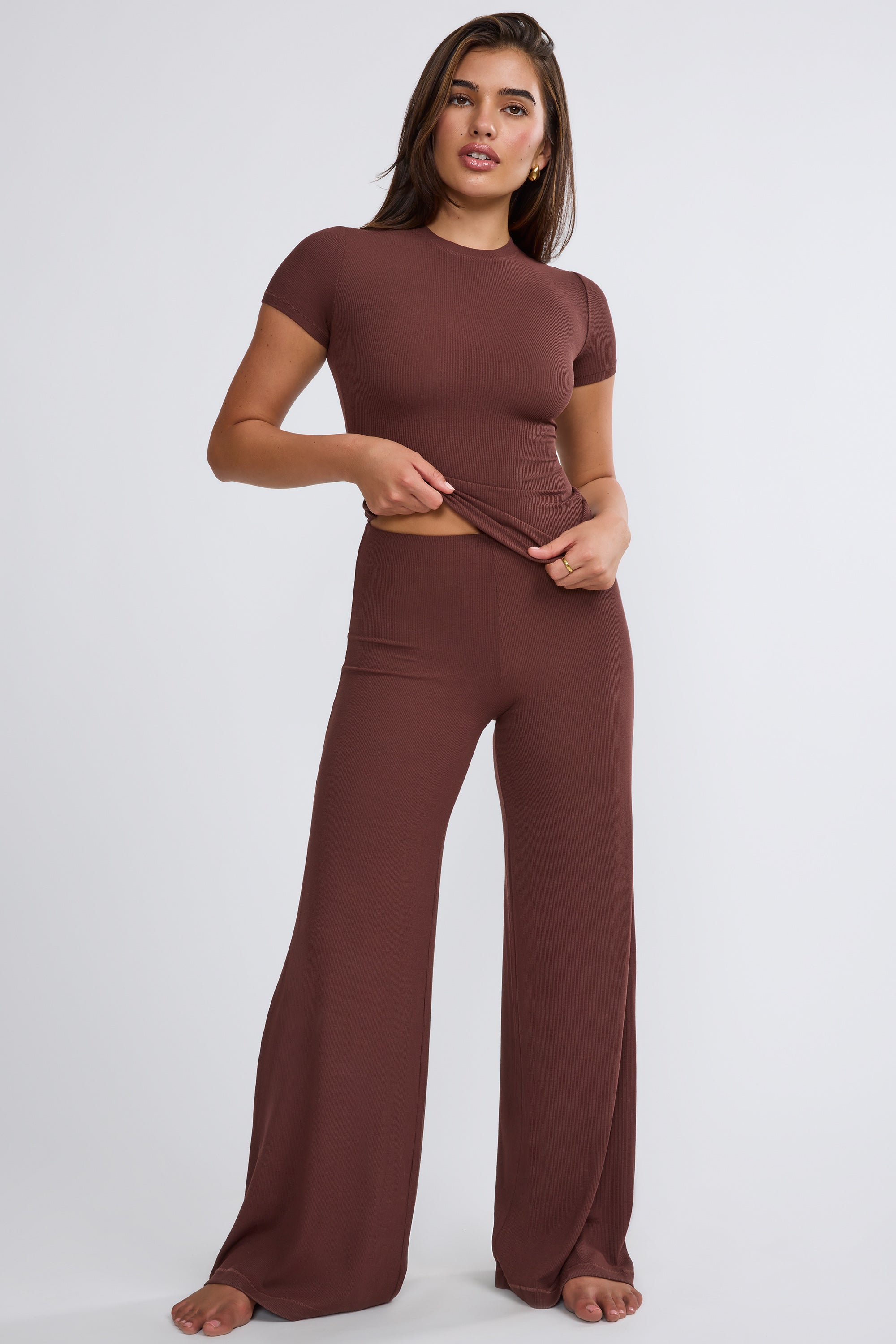 Nour Mid Rise Wide Leg Trousers in Chocolate | Oh Polly