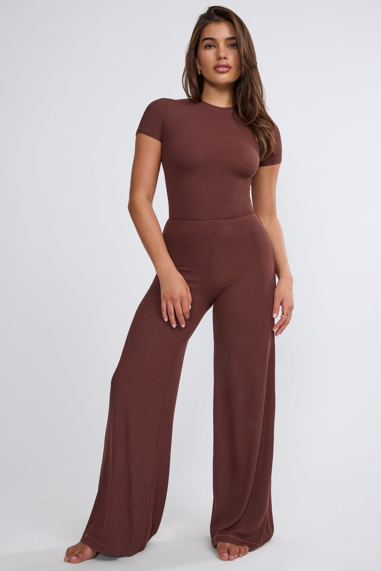 Calça Petite Mid Rise Wide Leg em Chocolate