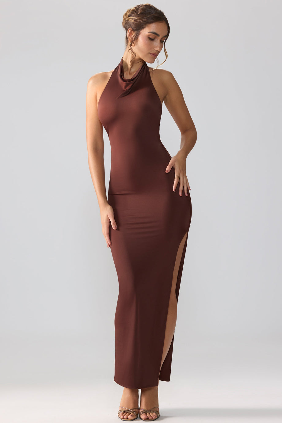 Premium Jersey Cowl Neck Backless Maxi Dress in Espresso