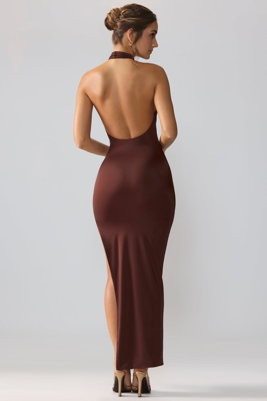 Premium Jersey Cowl Neck Backless Maxi Dress in Espresso