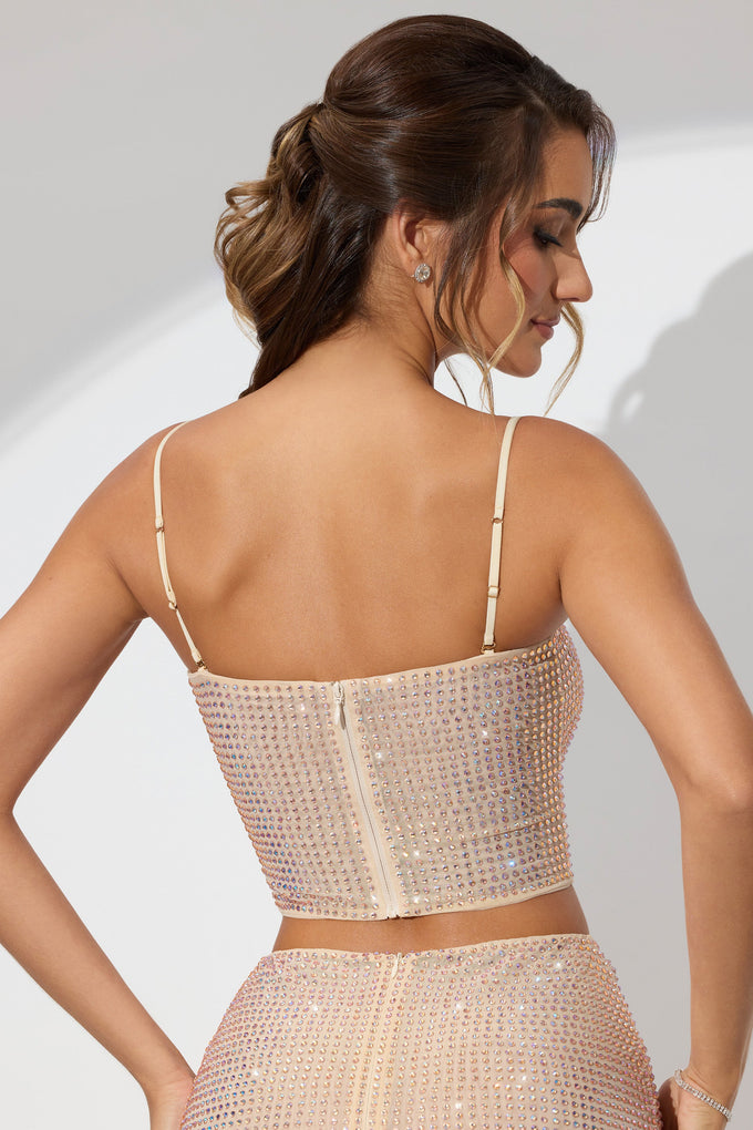 Embellished Strapless Crop Top in Champagne
