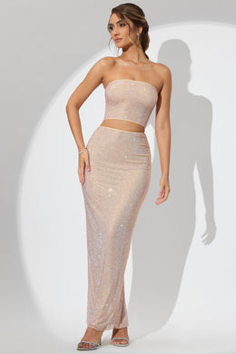 Embellished Mid Rise Maxi Skirt in Champagne