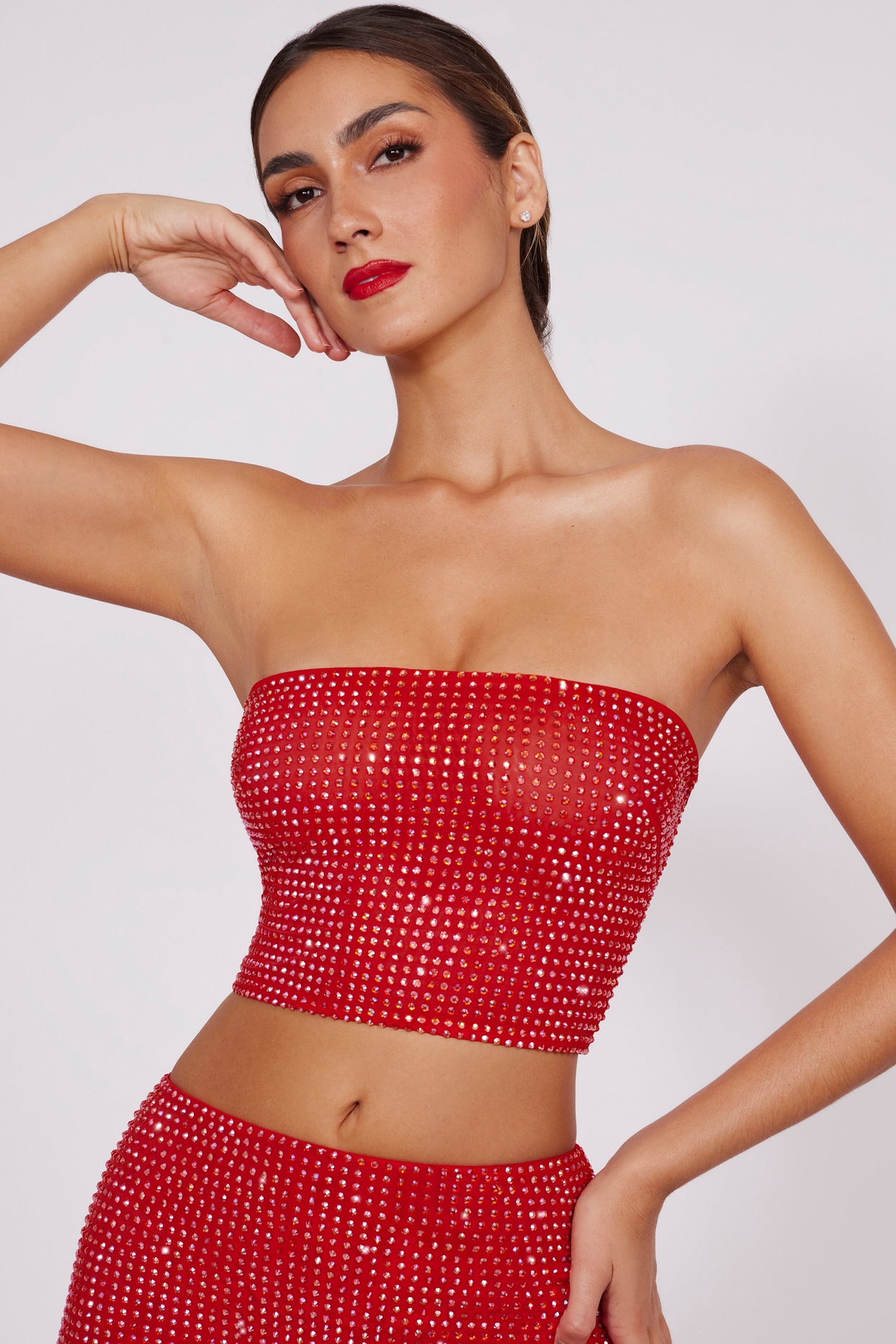 Nicia Embellished Strapless Crop Top in Fire Red