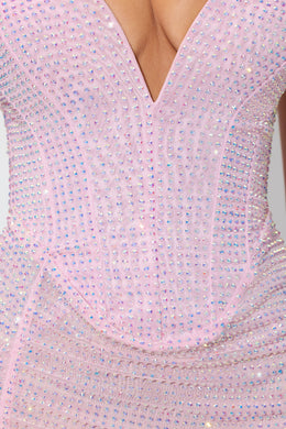 Mini vestido sem alças embelezado com decote baixo em rosa suave