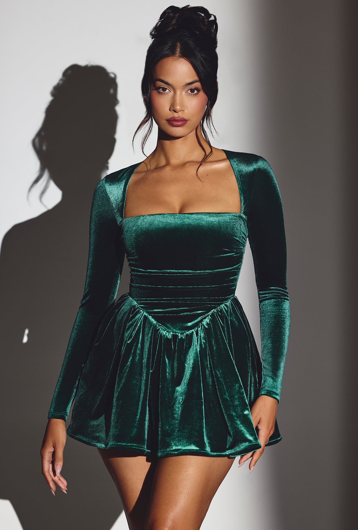 Velvet Long Sleeve Corset Mini Dress in Emerald Green