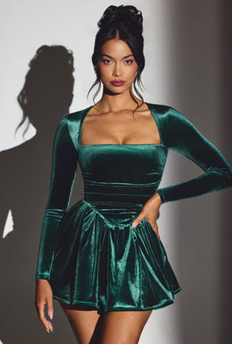Velvet Long Sleeve Corset Mini Dress in Emerald Green