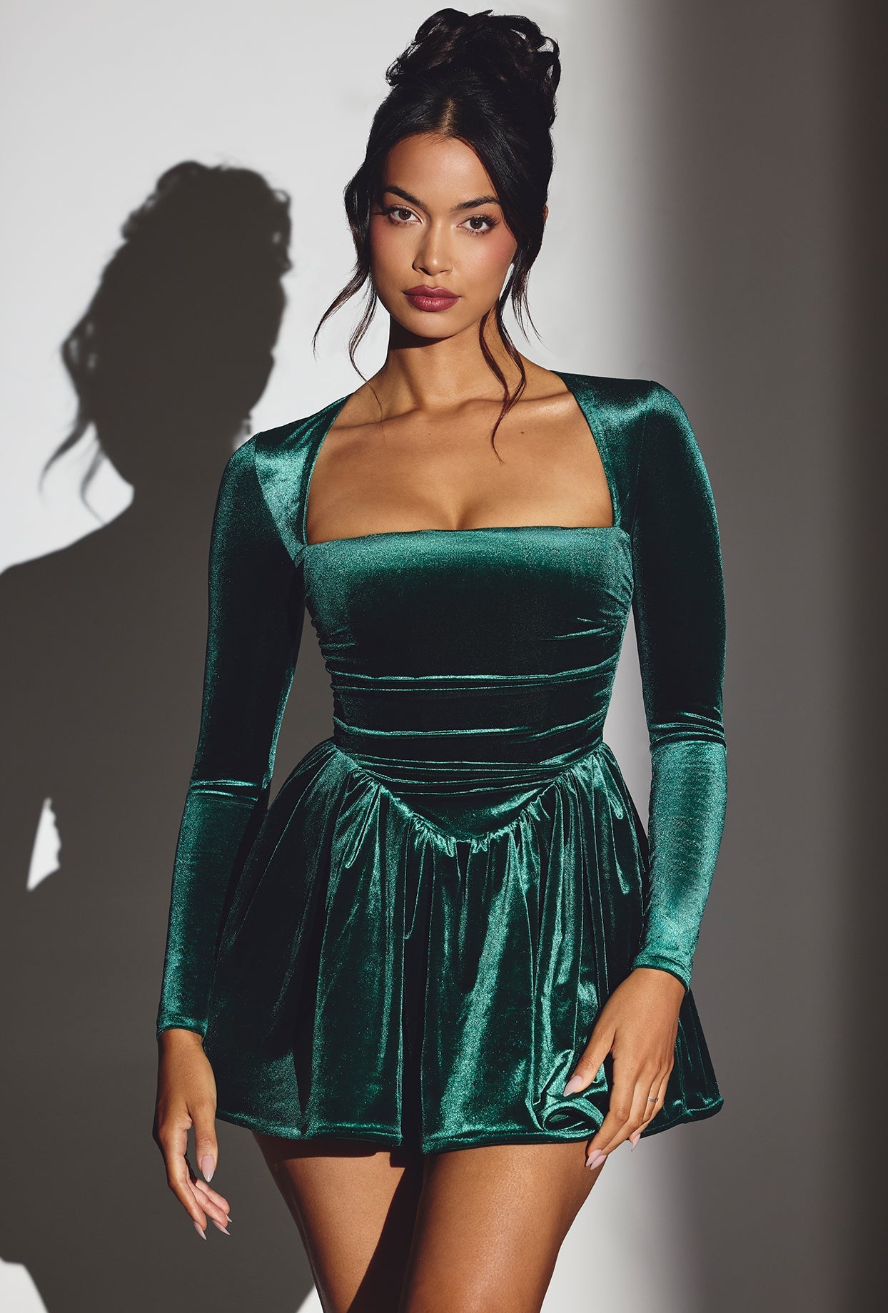 Tera Velvet Long Sleeve Corset Mini Dress in Emerald Green | Oh Polly