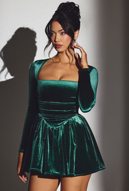 Velvet Long Sleeve Corset Mini Dress in Emerald Green