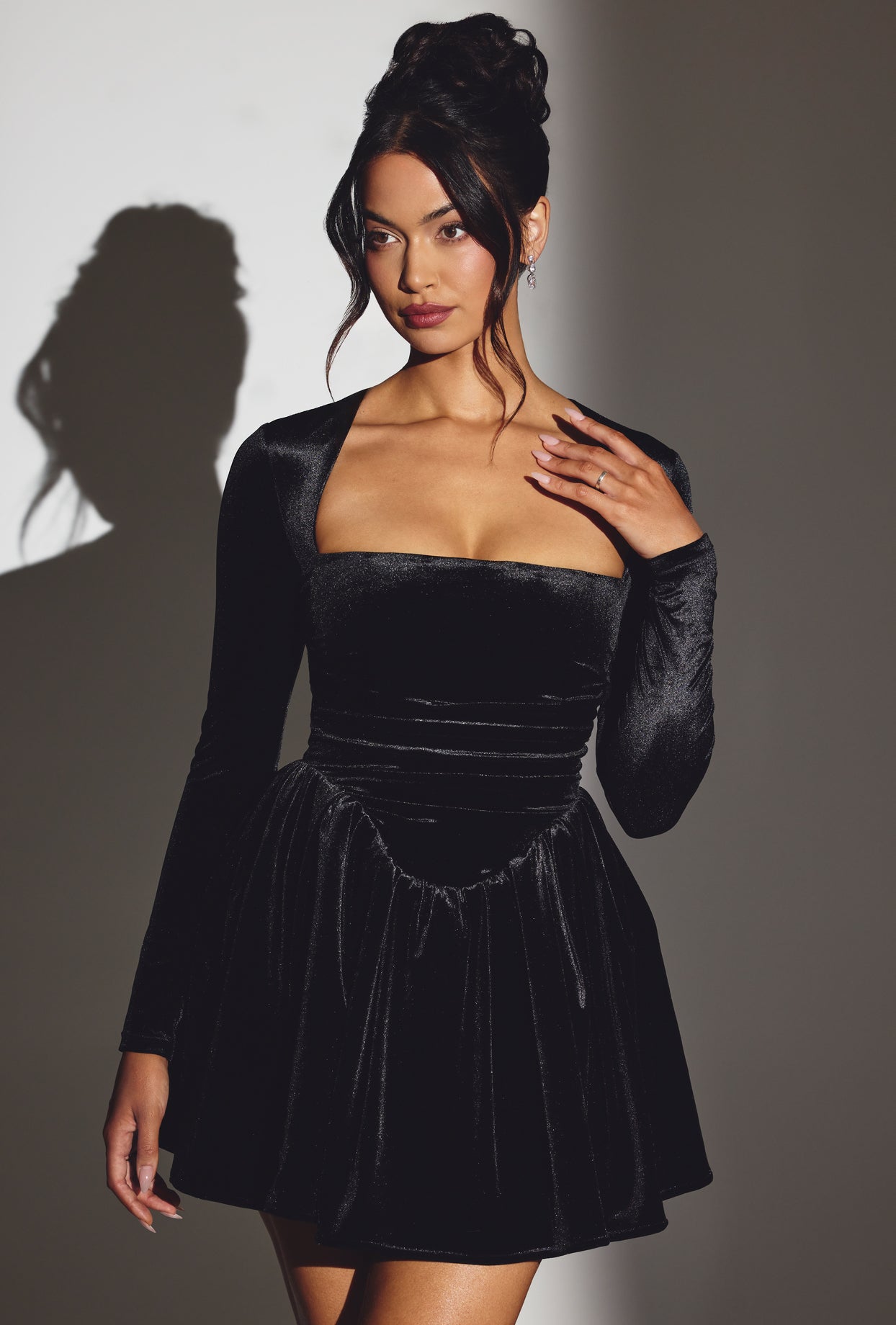 Tera Velvet Long Sleeve Corset Mini Dress in Jet Black | Oh Polly Tera Velvet Long Sleeve Corset Mini Dress in Jet Black | Oh Polly