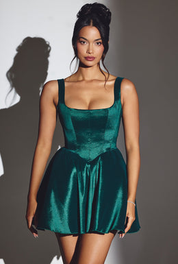 Mini vestido espartilho de tafetá tecido em verde esmeralda