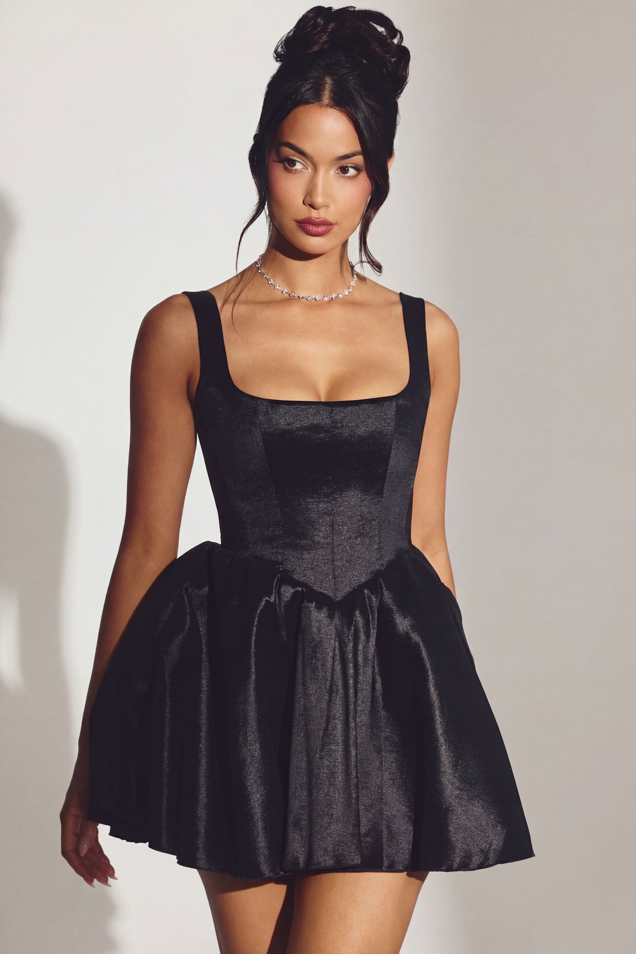 Sueno Woven Taffeta Square Neck Mini Dress in Jet Black