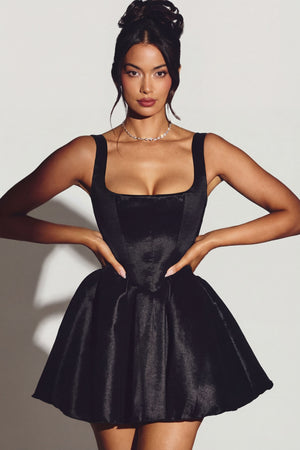 Woven Taffeta Corset Mini Dress in Jet Black