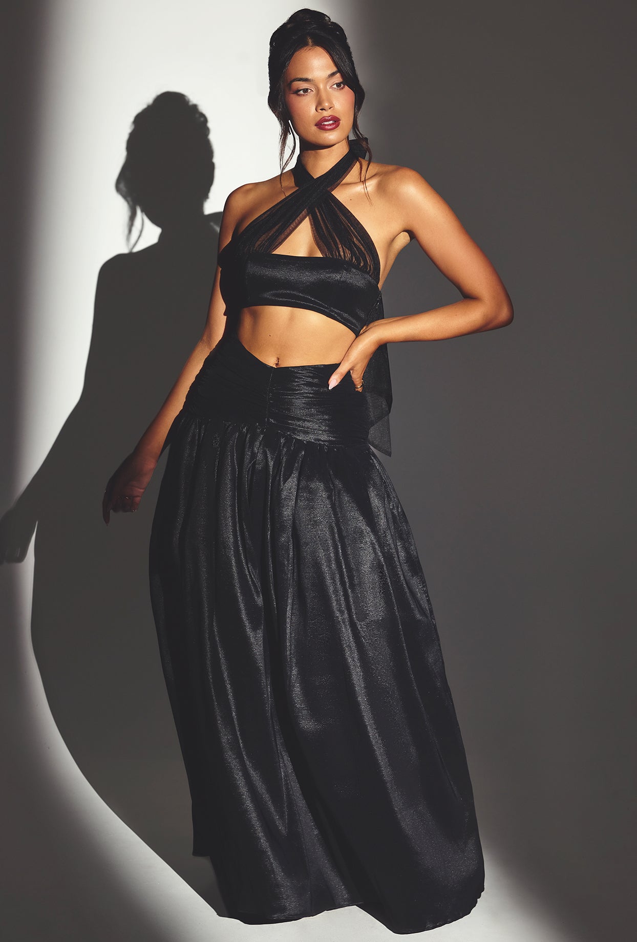 Woven Twill Voluminous Maxi Skirt in Jet Black