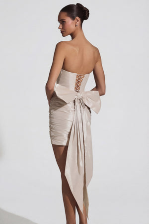 Oh Polly's "Viviana Mini Dress" wearing the Viviana Mini Dress in Ivory Taffeta fabric perfect for summer garden parties