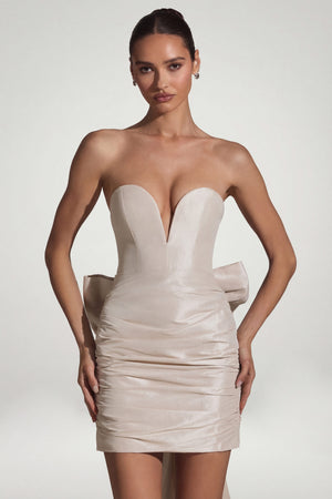 Oh Polly's "Viviana Mini Dress" wearing the Viviana Mini Dress in Ivory Taffeta fabric perfect for summer garden parties