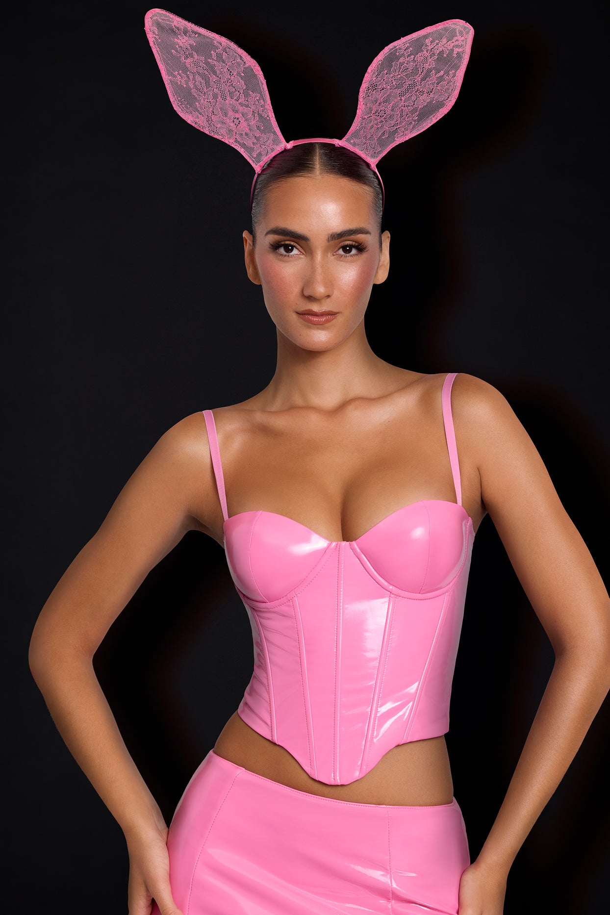 Vinyl Underwired Corset Crop Top in Pink