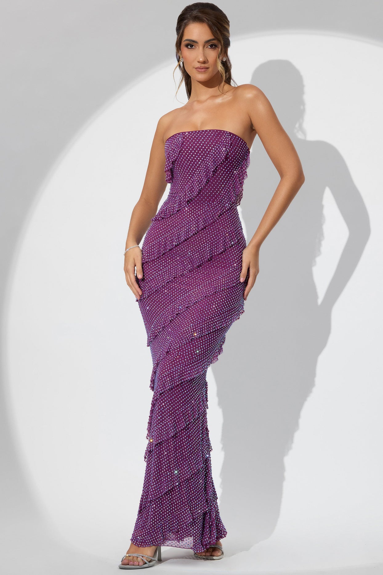 Embellished Strapless Ruffle Maxi Dress in Plum