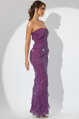 Embellished Strapless Ruffle Maxi Dress in Plum