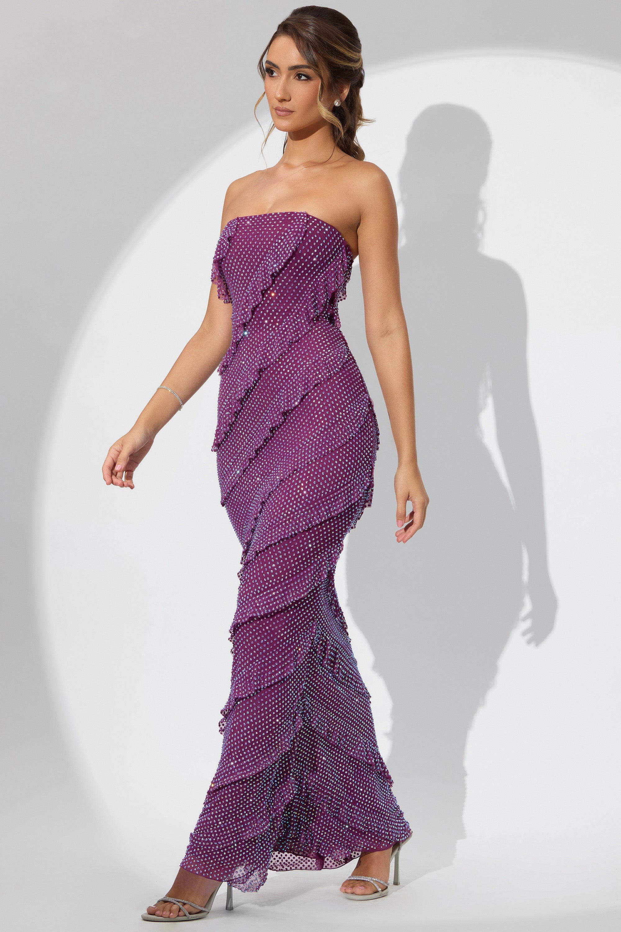 Dulce Embellished Strapless Ruffle Maxi Dress in Plum