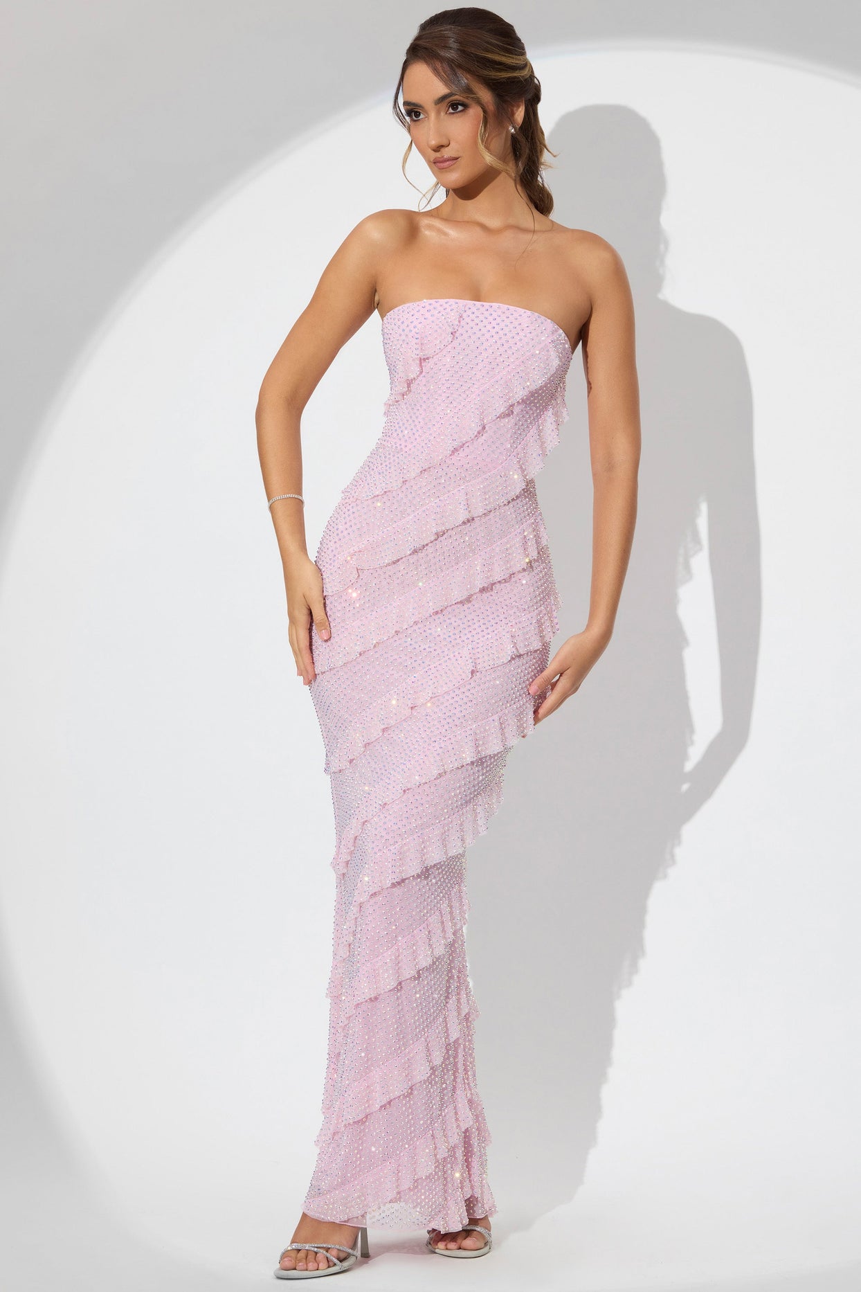 Embellished Strapless Ruffle Maxi Dress in Soft Pink