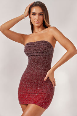 Embellished Strapless Mini Dress in Red/Brown Ombré