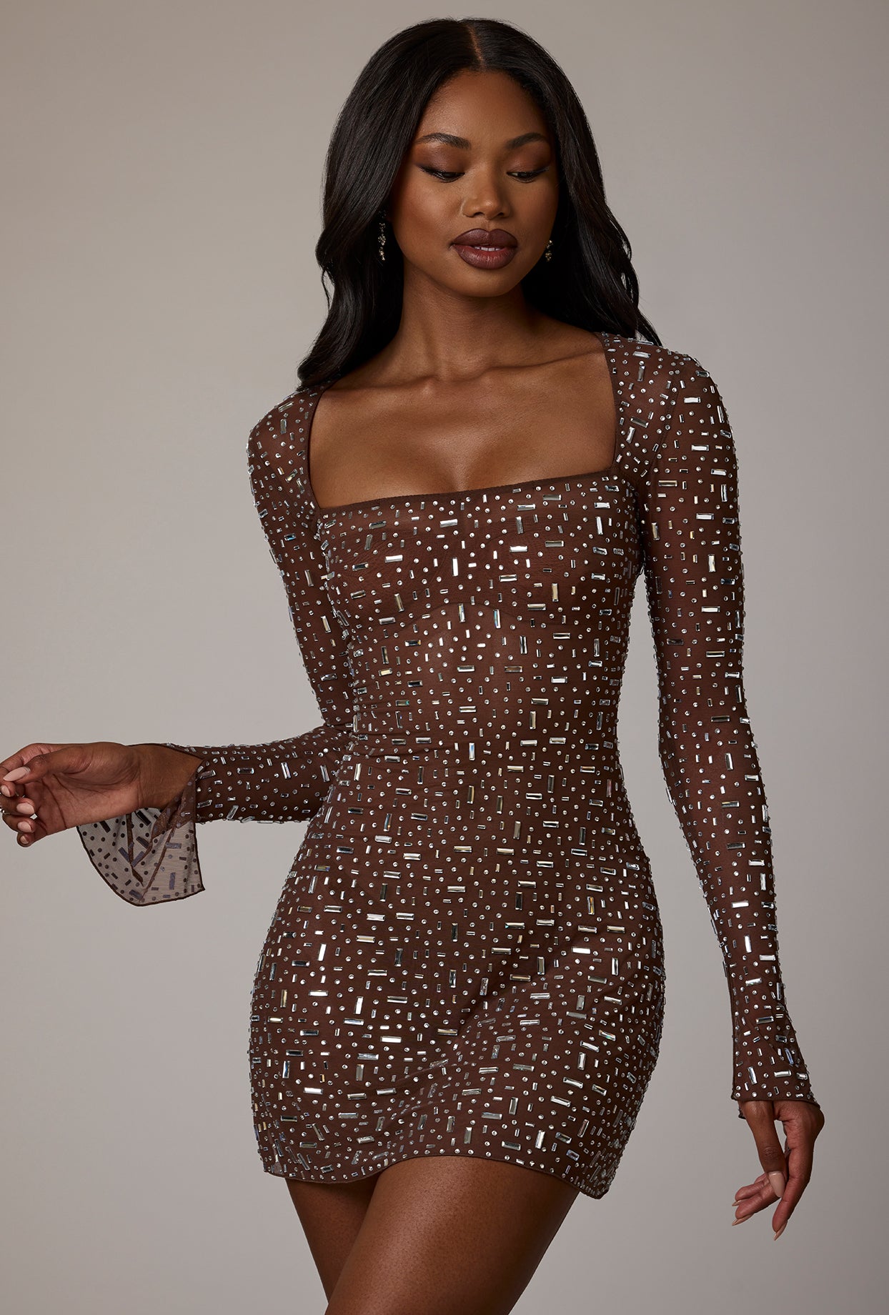 Zeta Sheer Embellished Long Sleeve A-Line Mini Dress in Deep Cocoa