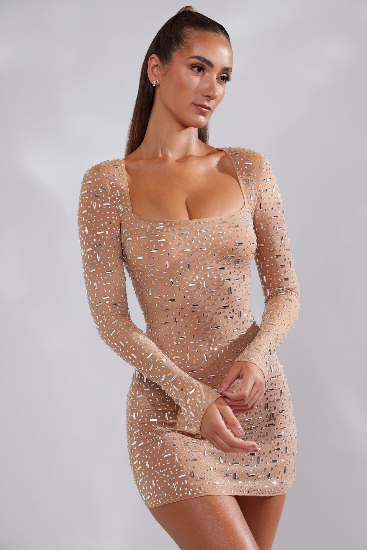 Sheer Embellished Long Sleeve A-Line Mini Dress in Almond