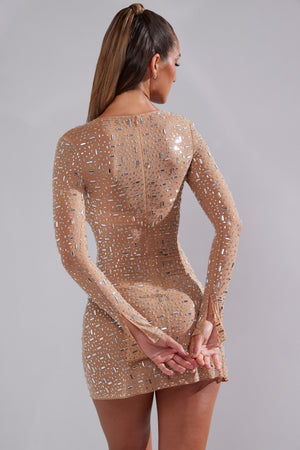Zeta Sheer Embellished Long Sleeve A-Line Mini Dress in Almond | Oh Polly Zeta Sheer Embellished Long Sleeve A-Line Mini Dress in Almond | Oh Polly