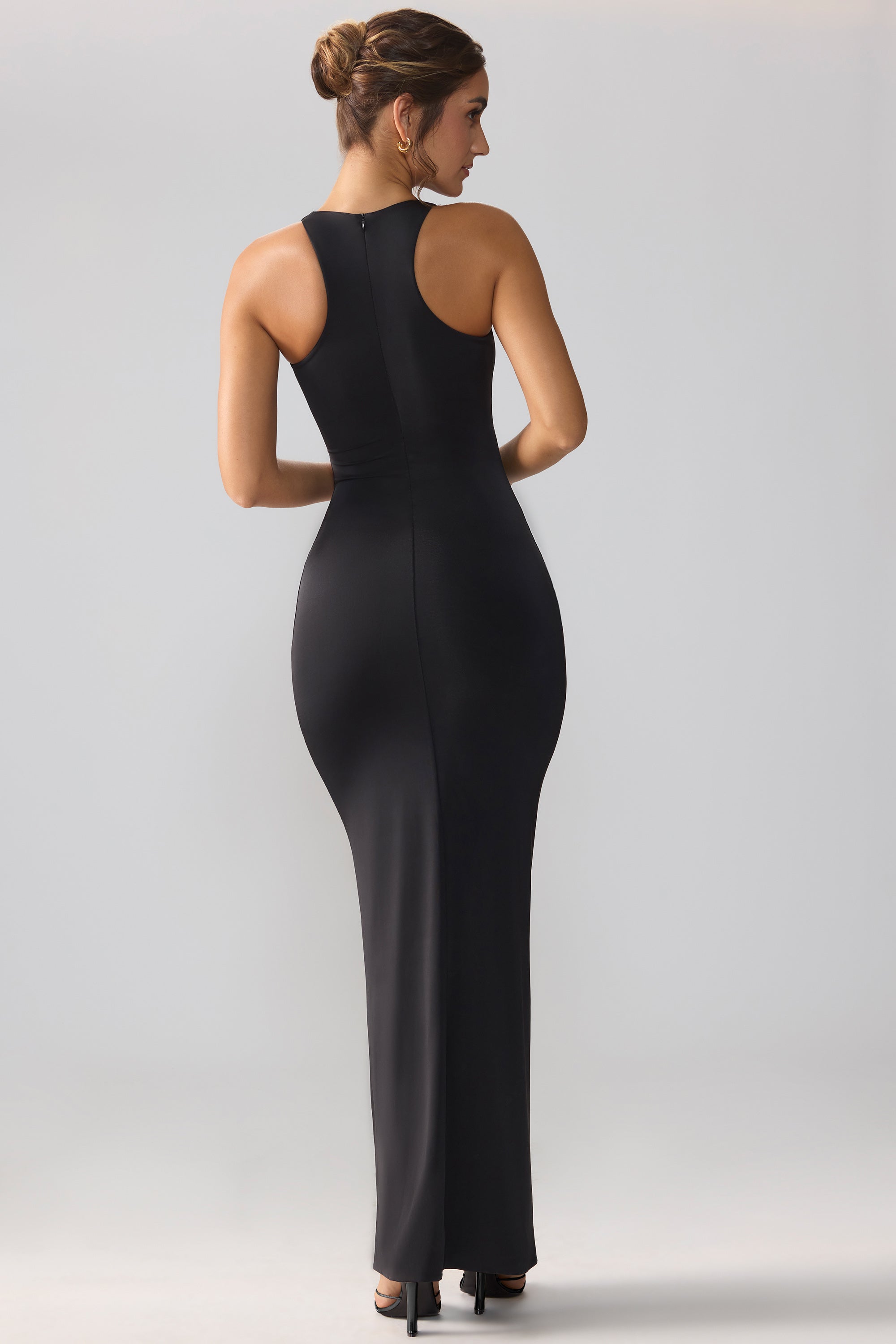 Calluna Slinky Jersey Cut Out Ruffle Racerback Maxi Dress in Black | Oh ...