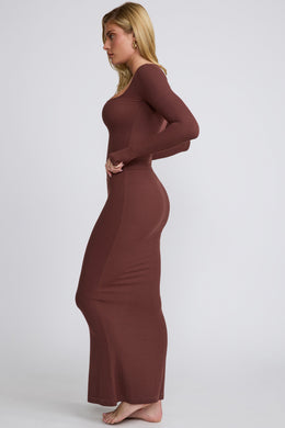 Ribbed Modal Square Neck Long Sleeve Top in Chocolate