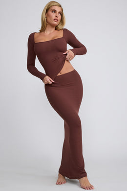 Ribbed Modal Mid Rise Maxi Skirt in Chocolate