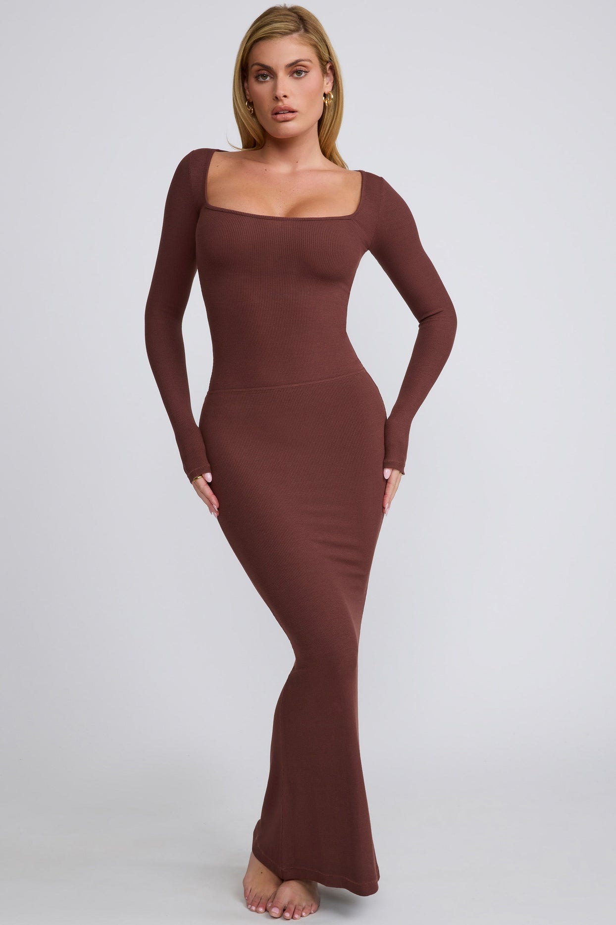 Ribbed Modal Mid Rise Maxi Skirt in Chocolate