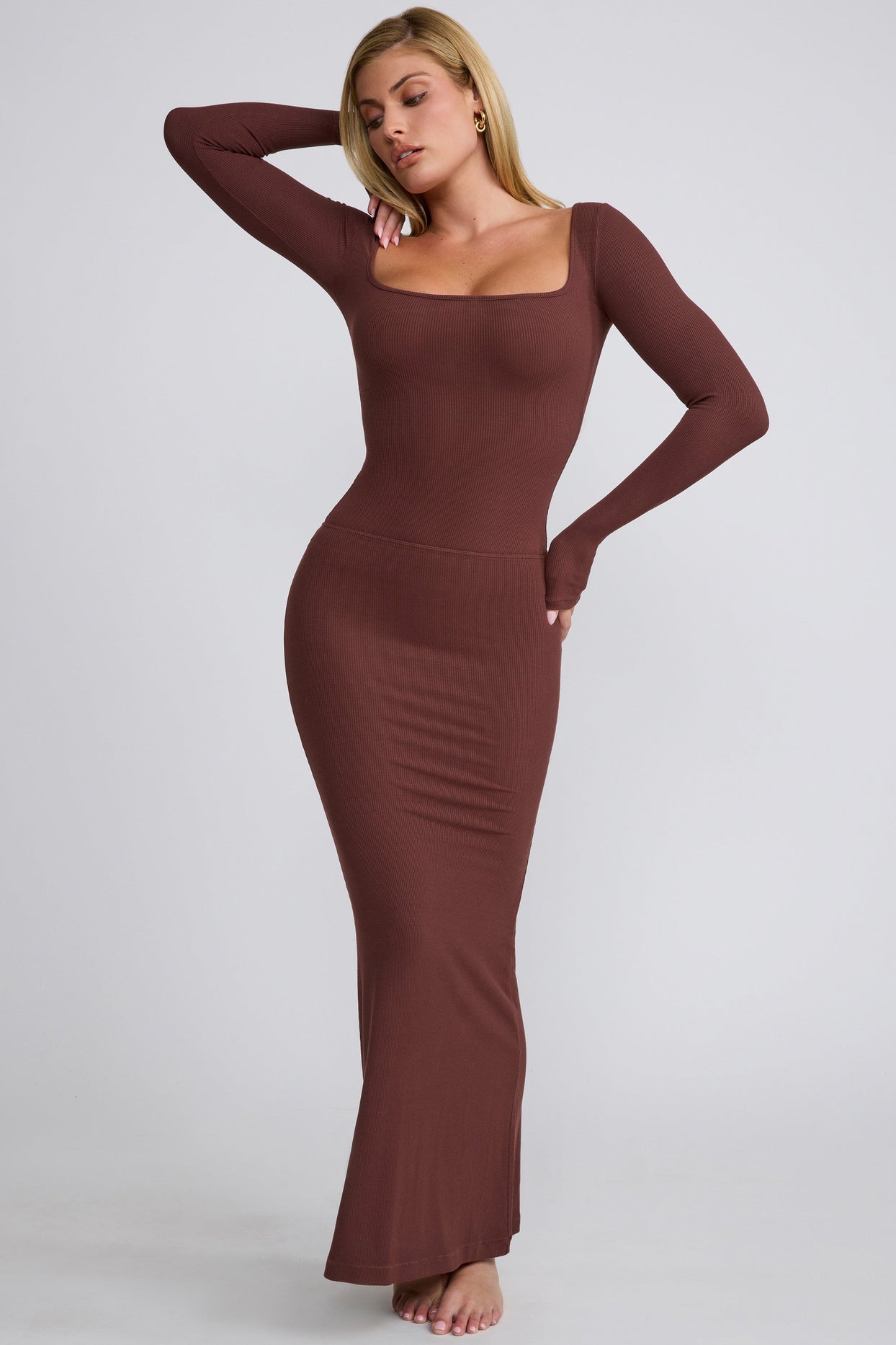 Ribbed Modal Square Neck Long Sleeve Top in Chocolate