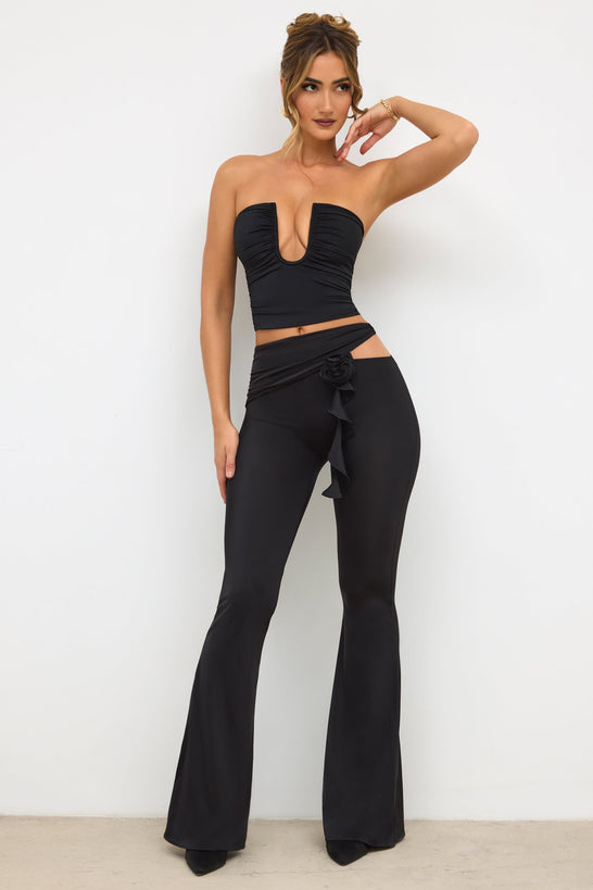 Calça Petite Premium Jersey Rose Detail Mid-Rise Flare em Preto