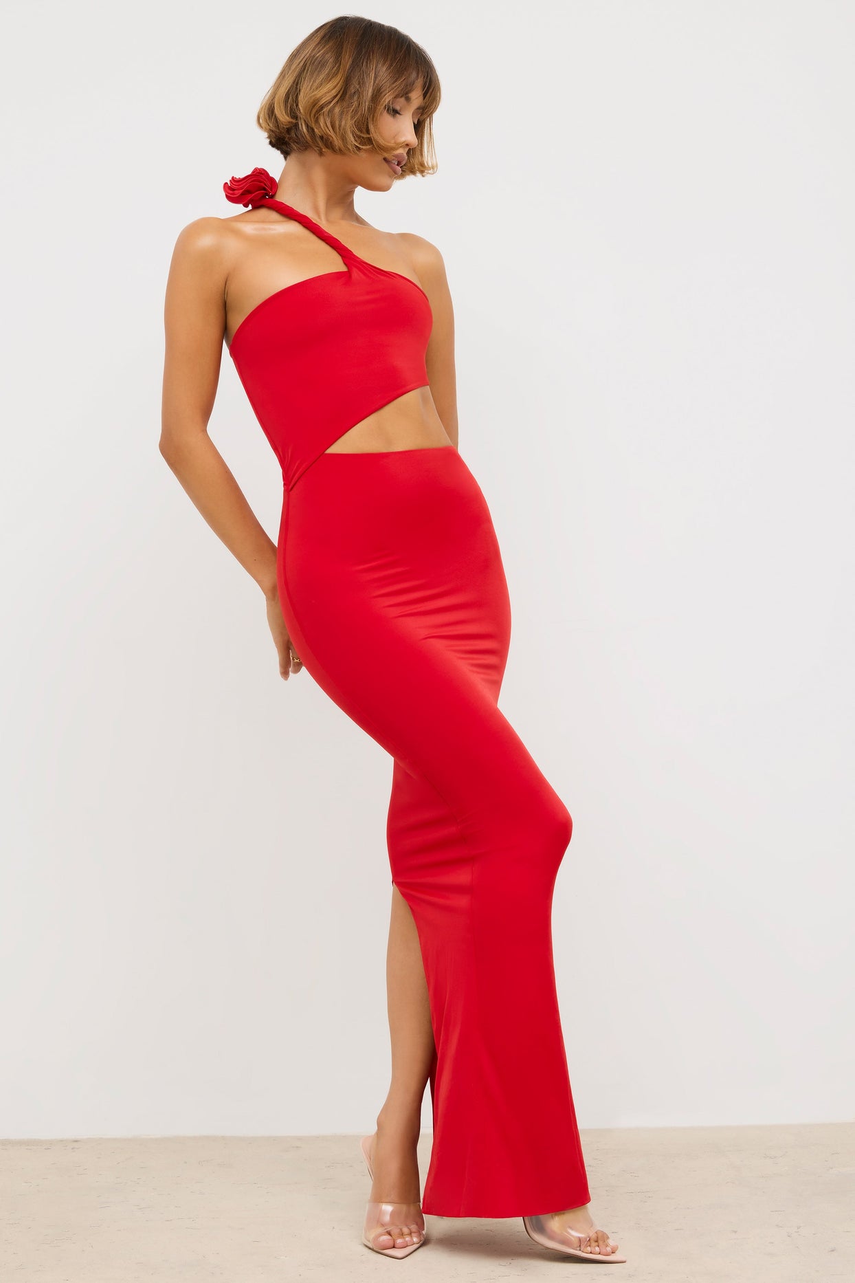 Vestido largo con corte asimétrico de punto premium en rojo escarlata