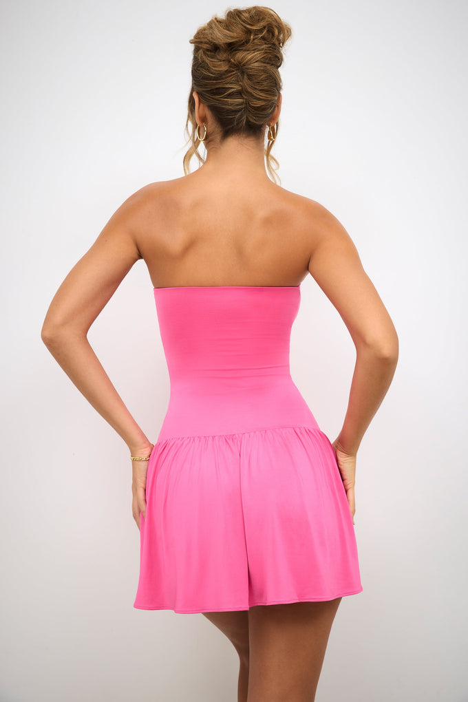 Slinky Jersey Strapless Plunge Neck Mini Dress in Rose Pink