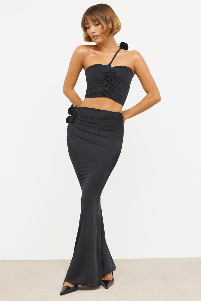 Slinky Jersey Rose Detail Mid-Rise Maxi Skirt in Black