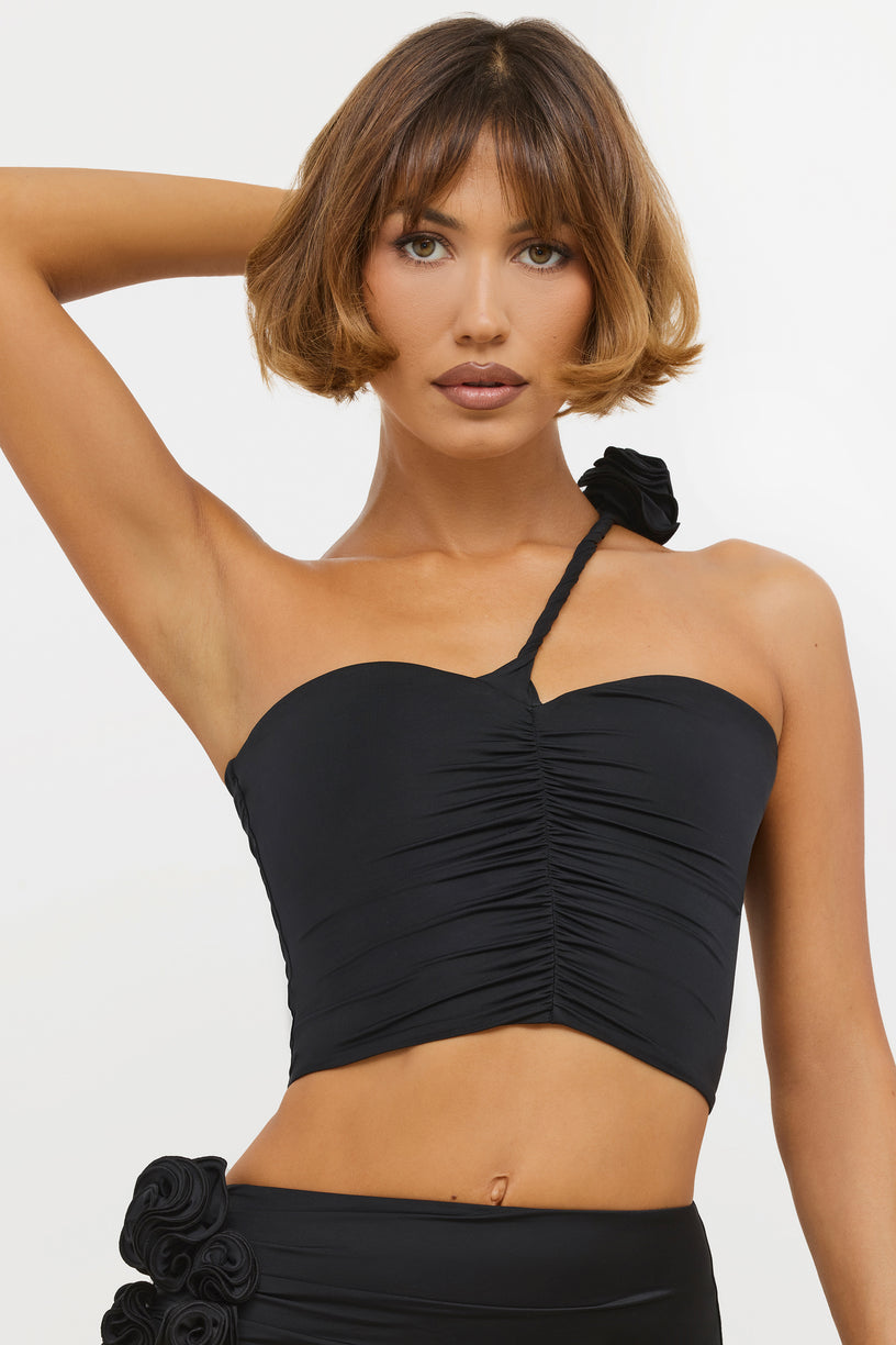 Slinky Jersey Rose Detail Asymmetric Top in Black - 1