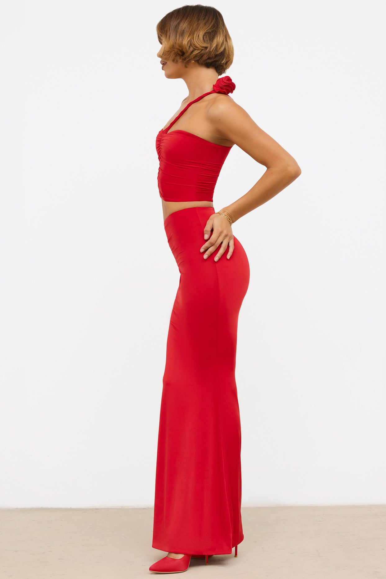 Slinky Jersey Rose Detail Mid-Rise Maxi Skirt in Scarlet Red