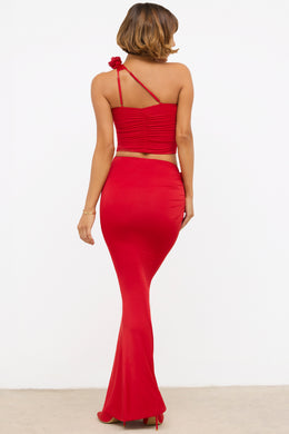Slinky Jersey Rose Detail Mid-Rise Maxi Skirt in Scarlet Red