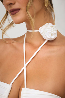 Slinky Jersey Rose Detail Halter Neck Maxi Dress in White