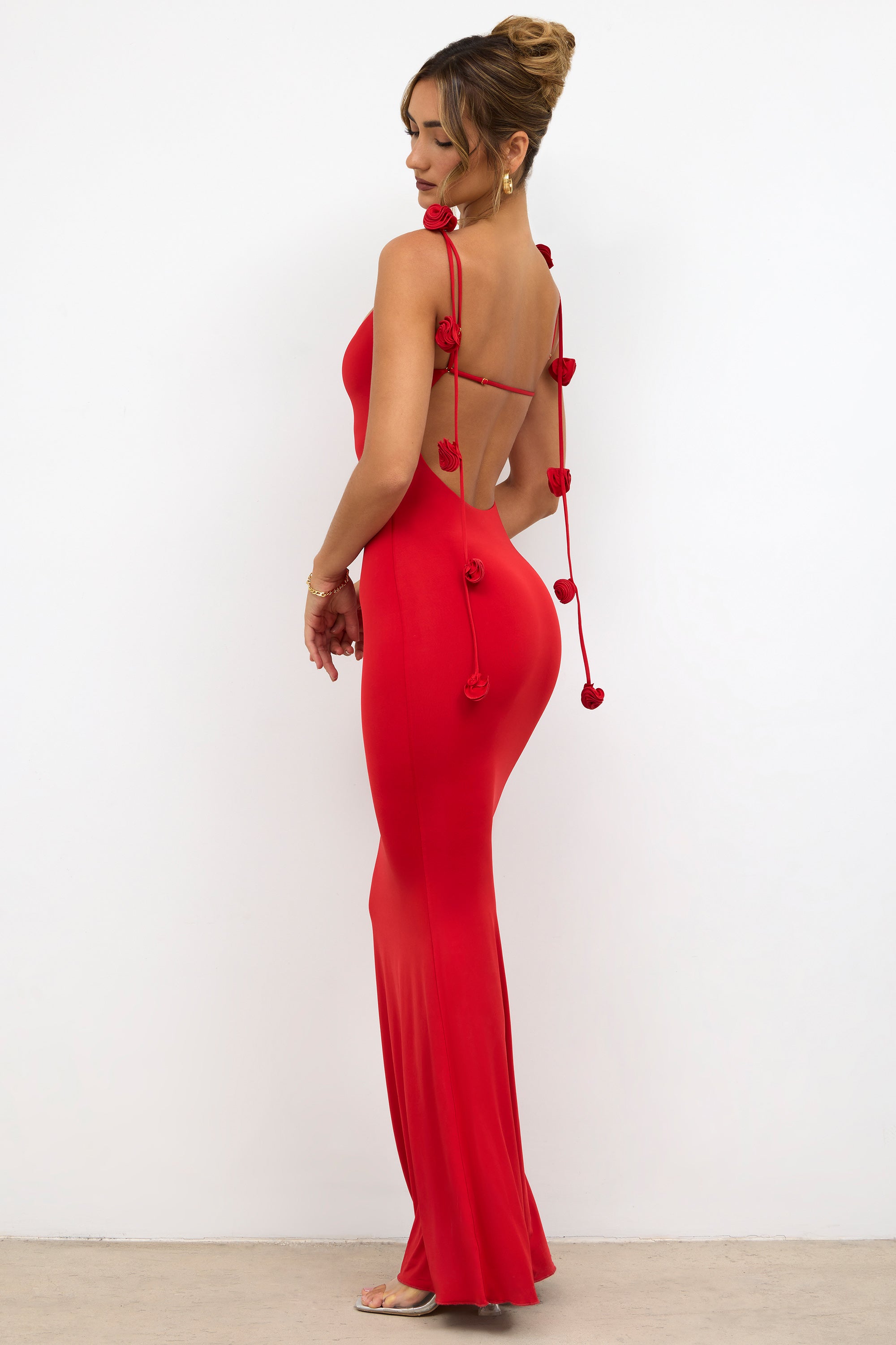 Aldona Slinky Jersey Backless Rose Detail Evening Gown in Scarlet Red