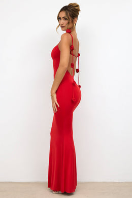 Vestido de noite Slinky Jersey Rose com detalhes em vermelho escarlate