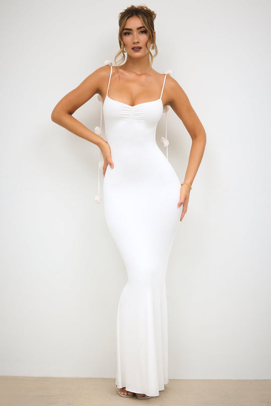 Aldona Slinky Jersey Backless Rose Detail Evening Gown in White | Oh Polly