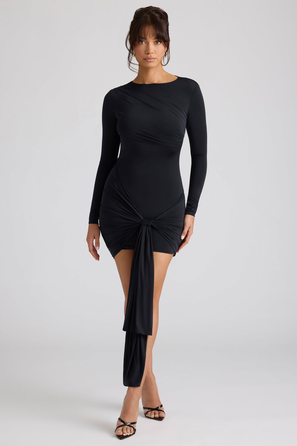 Circe Long Sleeve Draped Mini Dress in Black | Oh Polly