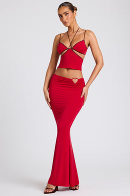 Falda larga de talle medio en rojo fuego