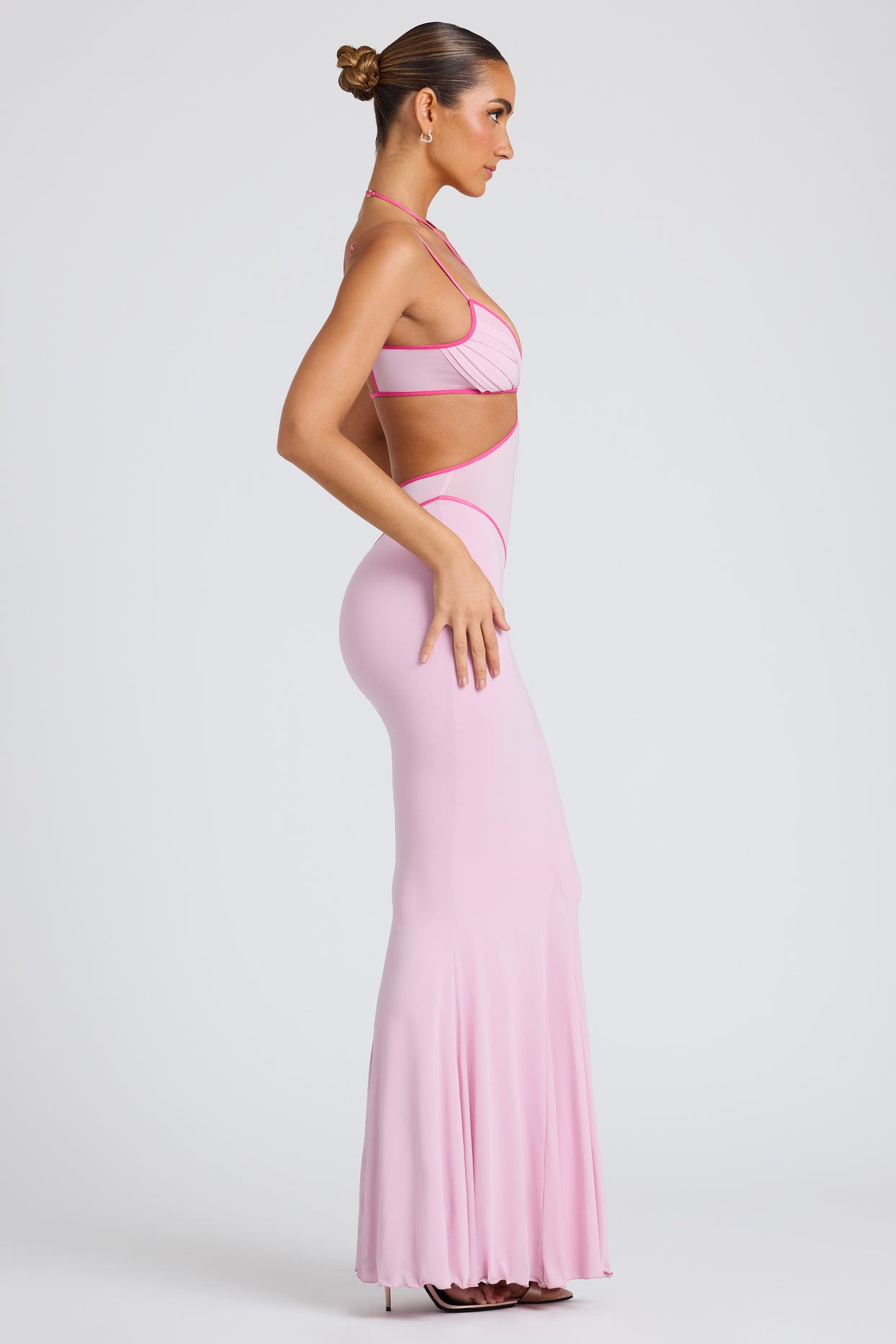 Contrast Stitch Cut Out Evening Gown in Soft Pink | Oh Polly Contrast Stitch Cut Out Evening Gown in Soft Pink | Oh Polly